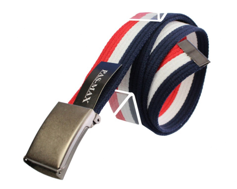 Pasek Parciany PAS-MAX (PL) Bawełniany PARCIAK 40 mm Z Klamrą Zatrzaskową TRÓJKOLOROWY GRANATOWY BIAŁY I CZERWONY
