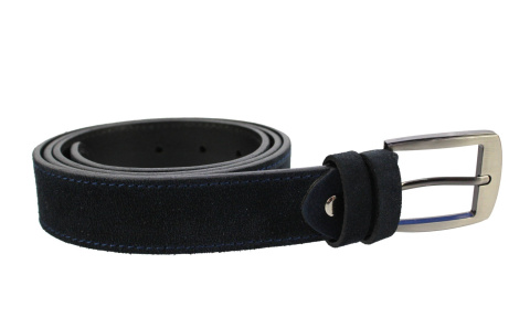 Pasek Męski Skórzany PAS-MAX (PL) Skóra Licowa EXTRA ZAMSZOWY 35 mm GRANATOWY Z GRANATOWĄ NITKĄ