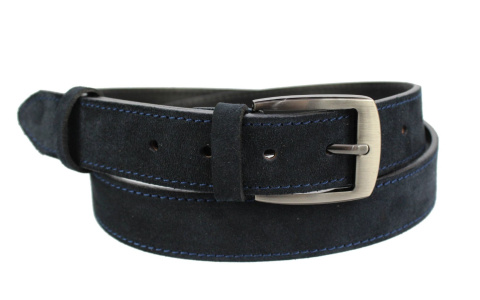 Pasek Męski Skórzany PAS-MAX (PL) Skóra Licowa EXTRA ZAMSZOWY 35 mm GRANATOWY Z GRANATOWĄ NITKĄ