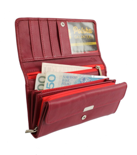 Portfel Damski PolskaGalanteria (PL) Długi Suwak Skóra Naturalna KWIATEK BORDOWY D0728