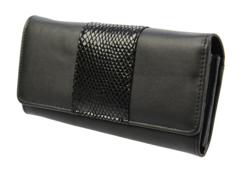 Portfel Damski PolskaGalanteria Z Lakierowaną Wstawką Długi Max Z Suwakiem Skóra Naturalna CZARNY WZÓR III KP D13-WST