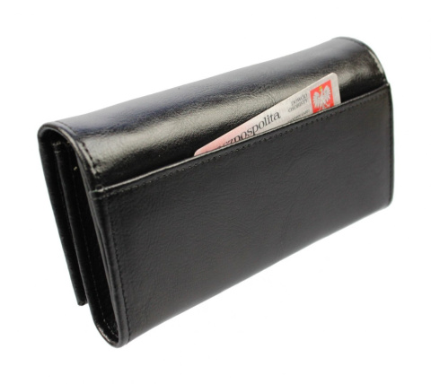 Portfel Damski PolskaGalanteria Z Wstawką Długi Suwak Skóra Naturalna CZARNY KP D402-WST