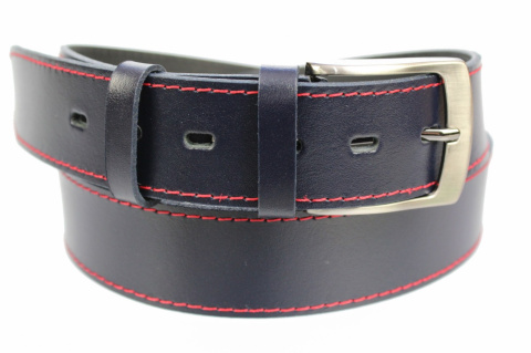 Pasek Męski Skórzany PAS-MAX (PL) Skóra Naturalna DW EXTRA 40 mm GRANATOWY Z Czerwoną Nitką K82