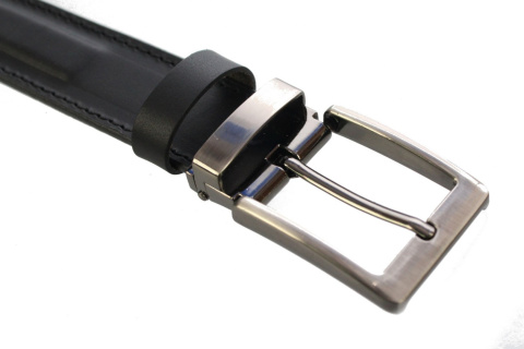 Pasek Męski Skórzany Arucce (PL) Skóra Licowa EXTRA Klamra Nowoczesna 35 mm CZARNY IMITACJA SZYCIA