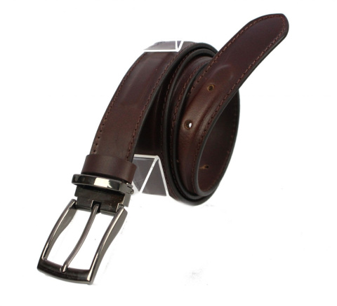 Pasek Męski Skórzany Arucce (PL) Skóra Licowa EXTRA Tłoczony Na Brzegach Klamra Nowoczesna 35 mm Szycie Nitką BRĄZOWY