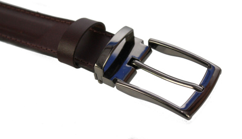 Pasek Męski Skórzany Arucce (PL) Skóra Licowa EXTRA Tłoczony Na Brzegach Klamra Nowoczesna 35 mm Szycie Nitką BRĄZOWY