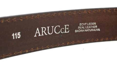 Pasek Męski Skórzany Arucce (PL) Skóra Licowa EXTRA Tłoczony Na Brzegach Klamra Nowoczesna 35 mm Szycie Nitką BRĄZOWY