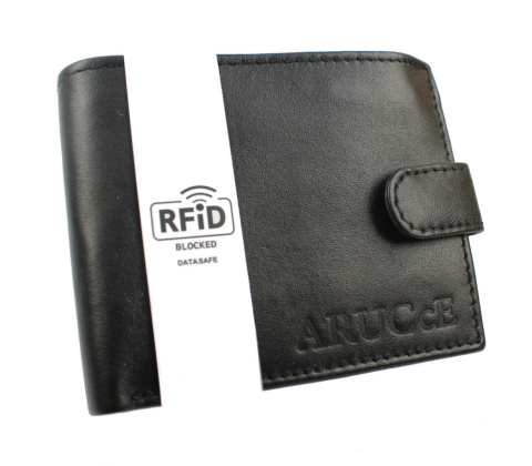 Portfel Męski Skórzany ARUCcE Skóra Licowa Mały Poziomy Z Zapięciem Jedno Skrzydełko Do Góry RFID 1414