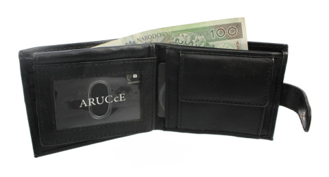 Portfel Męski Skórzany ARUCcE Skóra Licowa Mały Poziomy Z Zapięciem Jedno Skrzydełko Do Góry RFID 1414
