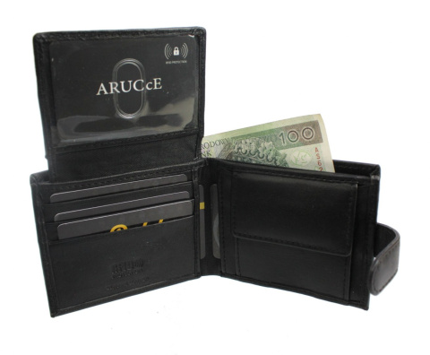 Portfel Męski Skórzany ARUCcE Skóra Licowa Mały Poziomy Z Zapięciem Jedno Skrzydełko Do Góry RFID 1414