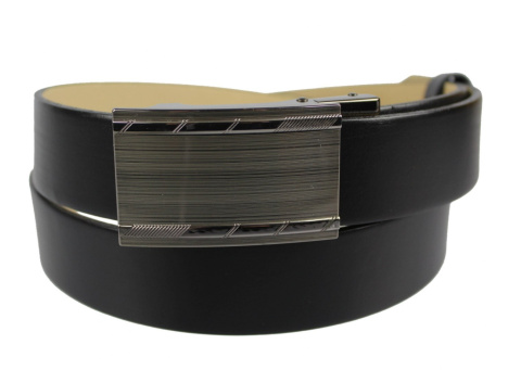 Pasek Skórzany PAS-MAX (PL) 35 mm AUTOMAT SAMOZACISK ŁAMANY KLAMRA "SREBRNA 29" Skóra Naturalna Licowa CZARNY