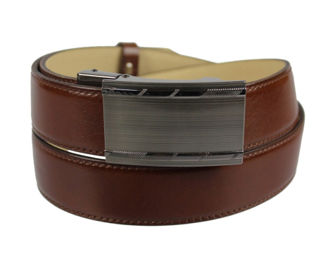 Pasek Skórzany PAS-MAX (PL) 35 mm AUTOMAT SAMOZACISK ŁAMANY KLAMRA "SREBRNA 29" Skóra Naturalna Licowa IMITACJA SZYCIA BRĄZ.k40