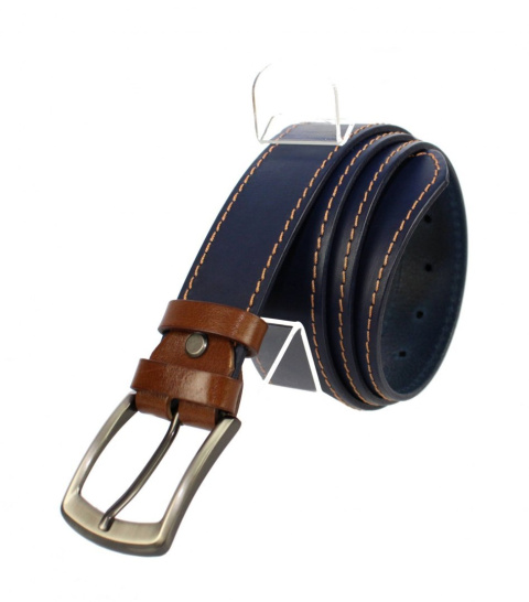 Pasek Skórzany PAS-MAX (PL) Granatowy Z Pojedyńczą Beżową Nitką Skóra Licowa EXTRA 40 mm NADWYMIAR XXL K82