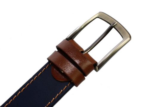 Pasek Skórzany PAS-MAX (PL) Granatowy Z Pojedyńczą Beżową Nitką Skóra Licowa EXTRA 40 mm NADWYMIAR XXL K82