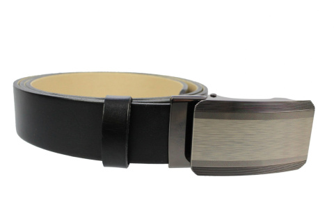 Pasek Skórzany PAS-MAX (PL) 35 mm AUTOMAT SAMOZACISK ŁAMANY KLAMRA "SREBRNA 58" Skóra Naturalna Licowa CZARNY