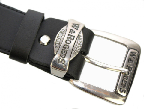 Pasek Skórzany COMPLEX (PL) Tłoczony Napis "W&ROGERS" Imitacja Szycia Skóra Naturalna EXTRA 40 mm CZARNY