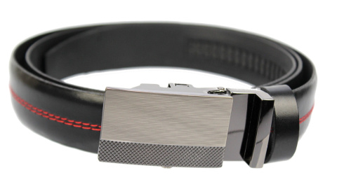 Wizytowy Pasek Skórzany 30 mm COMPLEX (PL) Pełna Klamra AUTOMAT/ZĄBEK Garnitur CZARNY CZERWONA NITKĄ Zaokrąglony AZ30/KAZ55