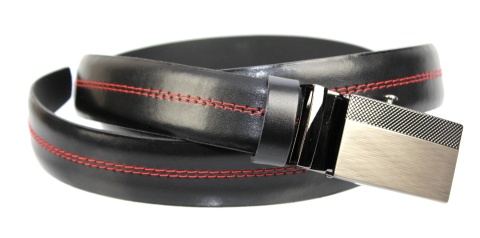 Wizytowy Pasek Skórzany 30 mm COMPLEX (PL) Pełna Klamra AUTOMAT/ZĄBEK Garnitur CZARNY CZERWONA NITKĄ Zaokrąglony AZ30/KAZ55