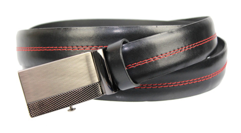 Wizytowy Pasek Skórzany 30 mm COMPLEX (PL) Pełna Klamra AUTOMAT/ZĄBEK Garnitur CZARNY CZERWONA NITKĄ Zaokrąglony AZ30/KAZ55