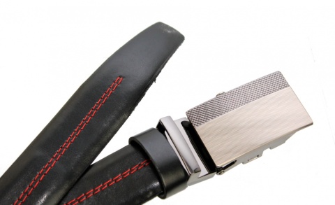 Wizytowy Pasek Skórzany 30 mm COMPLEX (PL) Pełna Klamra AUTOMAT/ZĄBEK Garnitur CZARNY CZERWONA NITKĄ Zaokrąglony AZ30/KAZ55