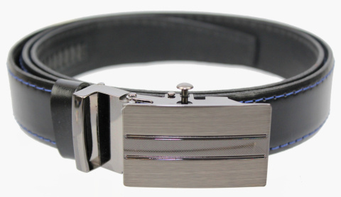 Wizytowy Pasek Skórzany 30 mm COMPLEX (PL) Pełna Klamra AUTOMAT/ZĄBEK Garnitur CZARNY NIEBIESKA NITKA Zaokrąglony AZ30/KAZ2