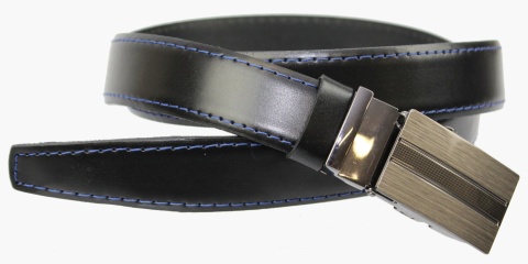 Wizytowy Pasek Skórzany 30 mm COMPLEX (PL) Pełna Klamra AUTOMAT/ZĄBEK Garnitur CZARNY NIEBIESKA NITKA Zaokrąglony AZ30/KAZ2