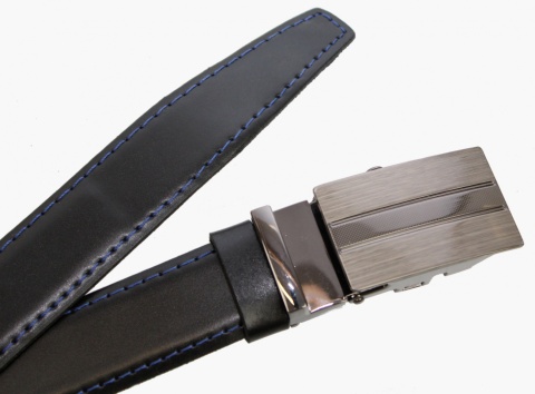 Wizytowy Pasek Skórzany 30 mm COMPLEX (PL) Pełna Klamra AUTOMAT/ZĄBEK Garnitur CZARNY NIEBIESKA NITKA Zaokrąglony AZ30/KAZ2