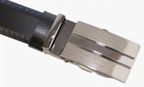 Wizytowy Pasek Skórzany 30 mm COMPLEX (PL) Pełna Klamra AUTOMAT/ZĄBEK Garnitur CZARNY NIEBIESKA NITKA Zaokrąglony AZ30/KAZ2