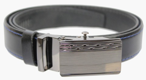 Wizytowy Pasek Skórzany 30 mm COMPLEX (PL) Pełna Klamra AUTOMAT/ZĄBEK Garnitur CZARNY NIEBIESKA NITKA Zaokrąglony AZ30/KAZ53