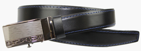 Wizytowy Pasek Skórzany 30 mm COMPLEX (PL) Pełna Klamra AUTOMAT/ZĄBEK Garnitur CZARNY NIEBIESKA NITKA Zaokrąglony AZ30/KAZ53