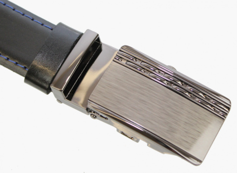 Wizytowy Pasek Skórzany 30 mm COMPLEX (PL) Pełna Klamra AUTOMAT/ZĄBEK Garnitur CZARNY NIEBIESKA NITKA Zaokrąglony AZ30/KAZ53