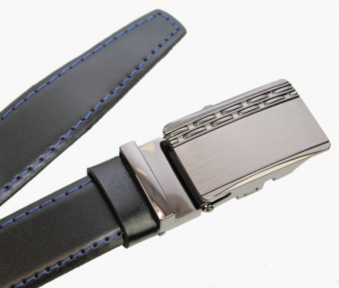 Wizytowy Pasek Skórzany 30 mm COMPLEX (PL) Pełna Klamra AUTOMAT/ZĄBEK Garnitur CZARNY NIEBIESKA NITKA Zaokrąglony AZ30/KAZ53
