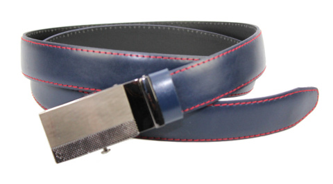 Wizytowy Pasek Skórzany 30 mm COMPLEX (PL) Pełna Klamra AUTOMAT/ZĄBEK Garnitur GRANATOWY CZERWONA NITKA Zaokrąglony AZ30/KAZ55