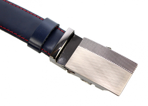 Wizytowy Pasek Skórzany 30 mm COMPLEX (PL) Pełna Klamra AUTOMAT/ZĄBEK Garnitur GRANATOWY CZERWONA NITKA Zaokrąglony AZ30/KAZ55