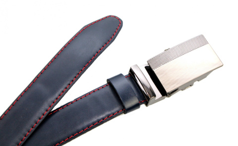 Wizytowy Pasek Skórzany 30 mm COMPLEX (PL) Pełna Klamra AUTOMAT/ZĄBEK Garnitur GRANATOWY CZERWONA NITKA Zaokrąglony AZ30/KAZ55