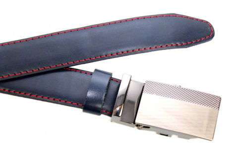Wizytowy Pasek Skórzany 30 mm COMPLEX (PL) Pełna Klamra AUTOMAT/ZĄBEK Garnitur GRANATOWY CZERWONA NITKA Zaokrąglony AZ30/KAZ55