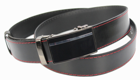 Wizytowy Pasek Skórzany 35 mm COMPLEX (PL) Pełna Klamra AUTOMAT/ZĄBEK Garnitur CZARNY CZERWONA NITKA Zaokrąglony AZ35/KAZ24