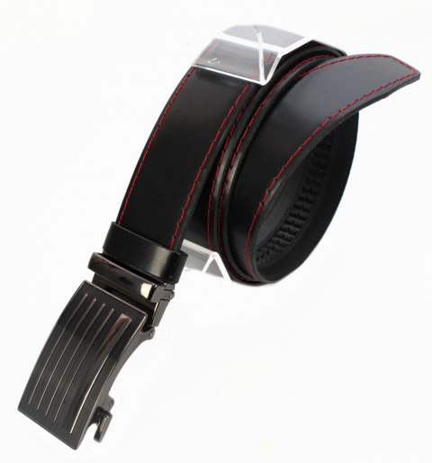 Wizytowy Pasek Skórzany 35 mm COMPLEX (PL) Pełna Klamra AUTOMAT/ZĄBEK Garnitur CZARNY CZERWONA NITKA Zaokrąglony AZ35/KAZ3