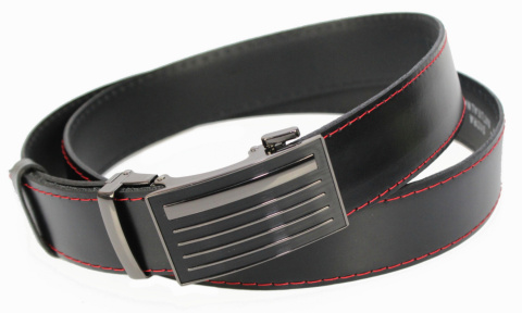 Wizytowy Pasek Skórzany 35 mm COMPLEX (PL) Pełna Klamra AUTOMAT/ZĄBEK Garnitur CZARNY CZERWONA NITKA Zaokrąglony AZ35/KAZ3