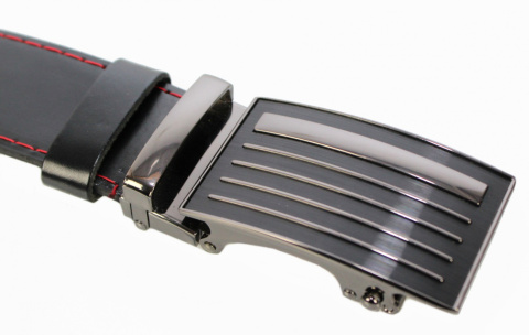 Wizytowy Pasek Skórzany 35 mm COMPLEX (PL) Pełna Klamra AUTOMAT/ZĄBEK Garnitur CZARNY CZERWONA NITKA Zaokrąglony AZ35/KAZ3