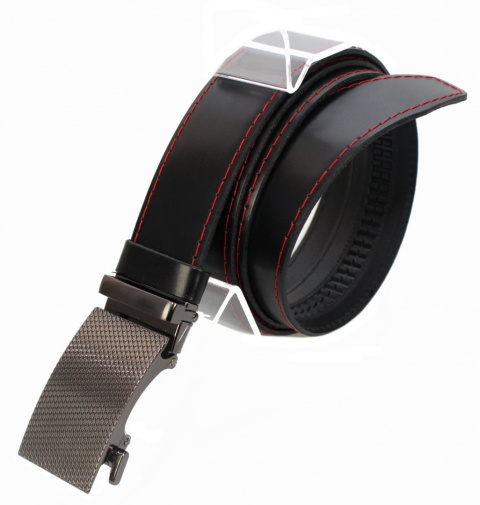 Wizytowy Pasek Skórzany 35 mm COMPLEX (PL) Pełna Klamra AUTOMAT/ZĄBEK Garnitur CZARNY CZERWONA NITKA Zaokrąglony AZ35/KAZ58