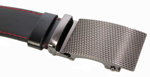 Wizytowy Pasek Skórzany 35 mm COMPLEX (PL) Pełna Klamra AUTOMAT/ZĄBEK Garnitur CZARNY CZERWONA NITKA Zaokrąglony AZ35/KAZ58