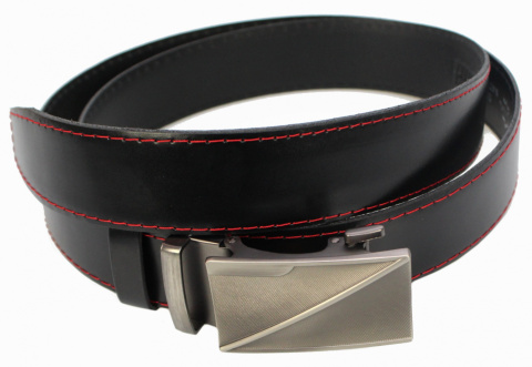 Wizytowy Pasek Skórzany 35 mm COMPLEX (PL) Pełna Klamra AUTOMAT/ZĄBEK Garnitur CZARNY CZERWONA NITKA Zaokrąglony AZ35/KAZ59