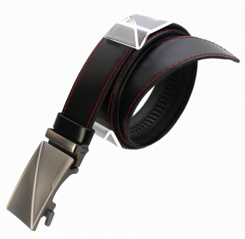 Wizytowy Pasek Skórzany 35 mm COMPLEX (PL) Pełna Klamra AUTOMAT/ZĄBEK Garnitur CZARNY CZERWONA NITKA Zaokrąglony AZ35/KAZ59