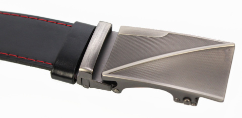 Wizytowy Pasek Skórzany 35 mm COMPLEX (PL) Pełna Klamra AUTOMAT/ZĄBEK Garnitur CZARNY CZERWONA NITKA Zaokrąglony AZ35/KAZ59