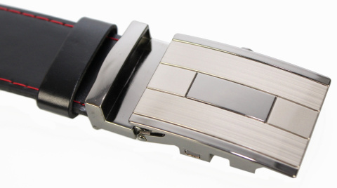 Wizytowy Pasek Skórzany 35 mm COMPLEX (PL) Pełna Klamra AUTOMAT/ZĄBEK Garnitur CZARNY CZERWONA NITKA Zaokrąglony AZ35/KAZ60