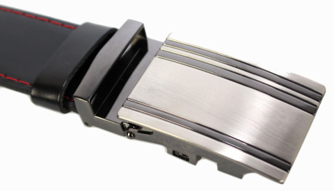 Wizytowy Pasek Skórzany 35 mm COMPLEX (PL) Pełna Klamra AUTOMAT/ZĄBEK Garnitur CZARNY CZERWONA NITKA Zaokrąglony AZ35/KAZ62