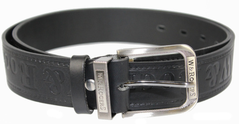 Pasek Skórzany COMPLEX (PL) Tłoczony Napis "W&RogerS" Z METALOWĄ KOŃCÓWKĄ Skóra Licowa EXTRA 40 mm Czarny