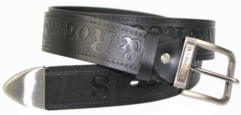 Pasek Skórzany COMPLEX (PL) Tłoczony Napis "W&RogerS" Z METALOWĄ KOŃCÓWKĄ Skóra Licowa EXTRA 40 mm Czarny